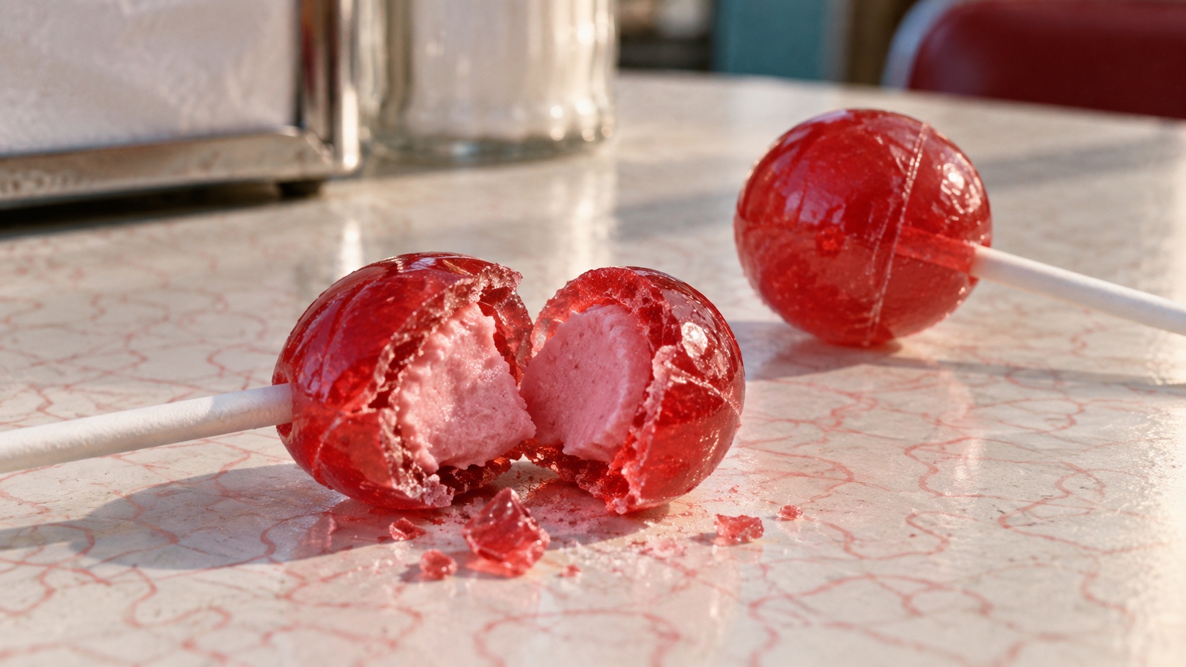 Generated illustration of a red hard-candy lollipop broken open to reveal a pink bubble-gum center.