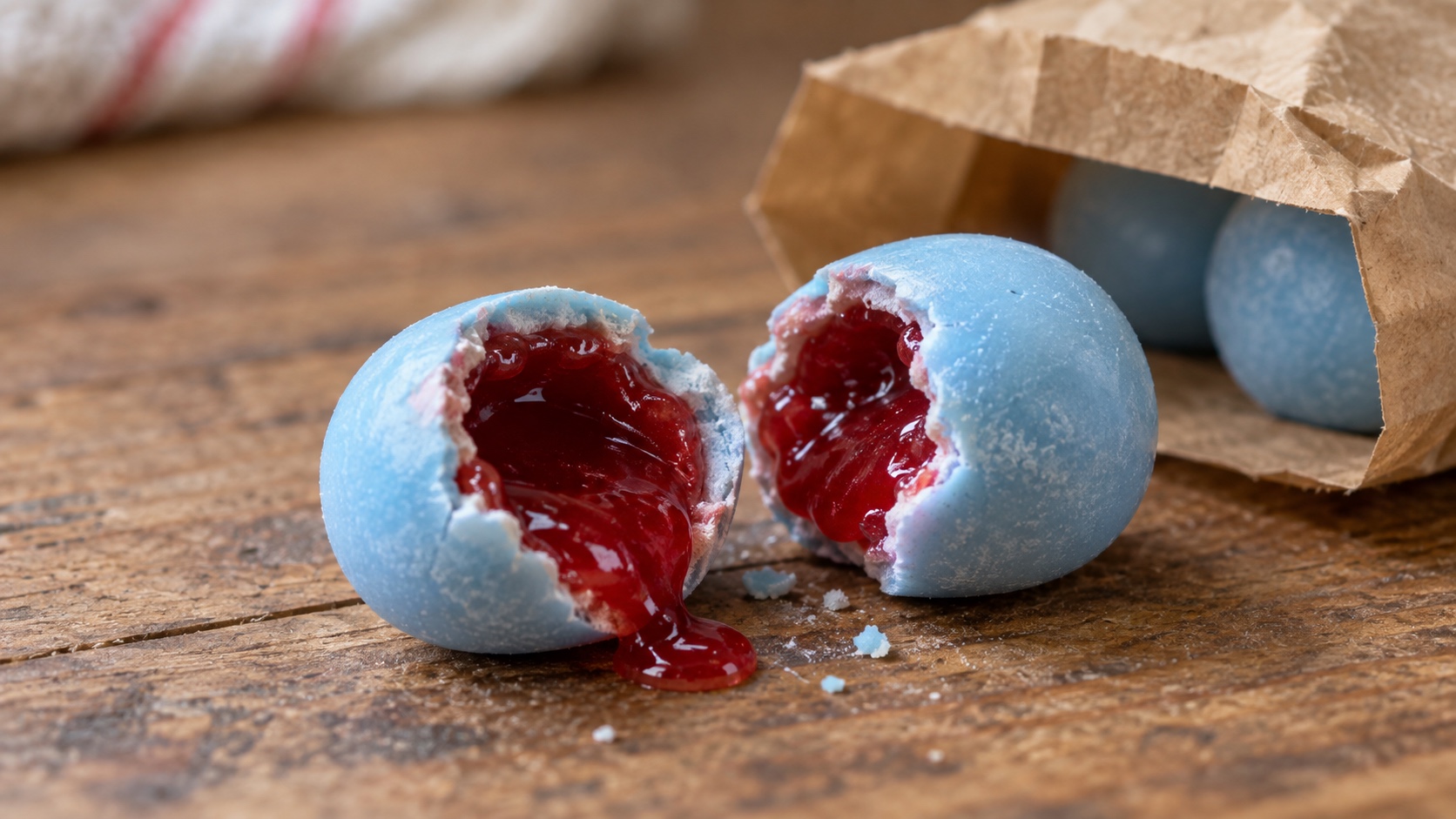Generated close-up illustration of pale blue bubble-gum pieces split open around a red liquid center.