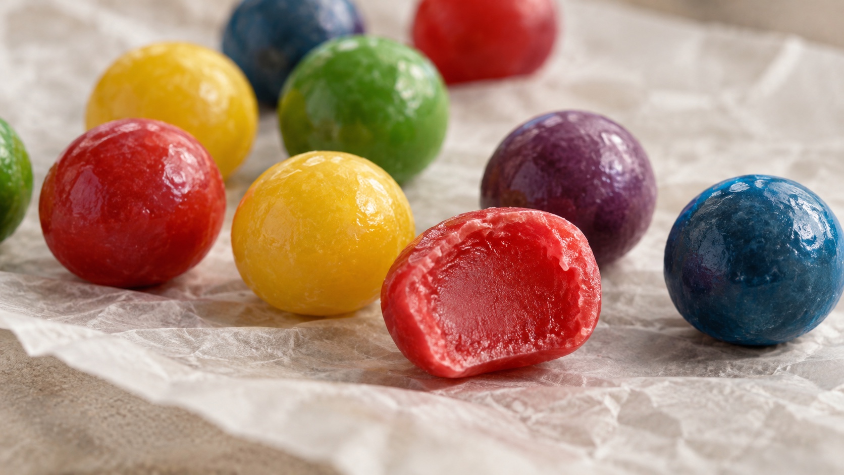 Generated illustration of multicolored round chewy candies with one red piece cut open to show a soft center.