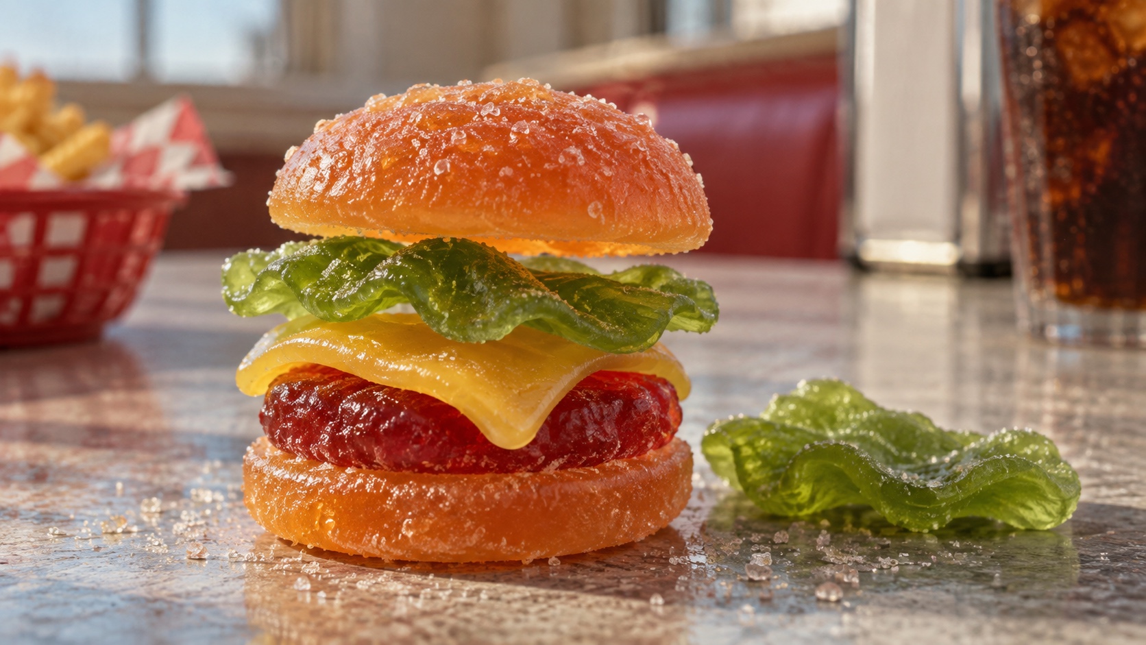Generated illustration of a layered miniature gummy burger with orange bun, green lettuce, yellow cheese, and red patty shapes.