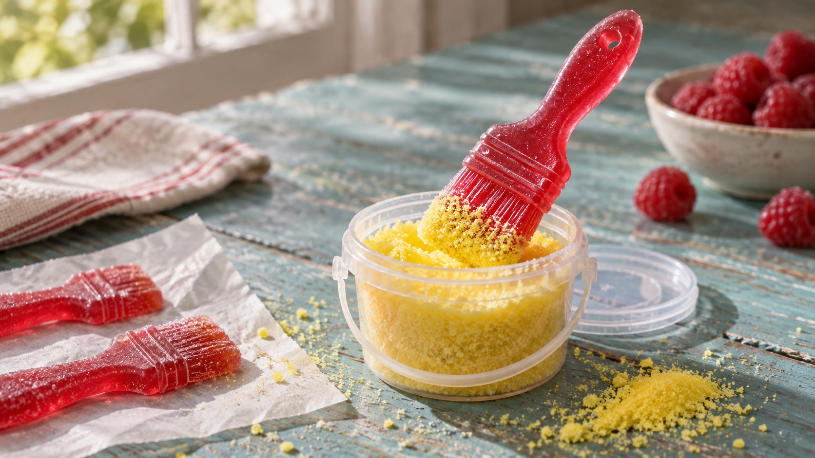 Generated illustration of a red candy brush being dipped into yellow sour candy powder.