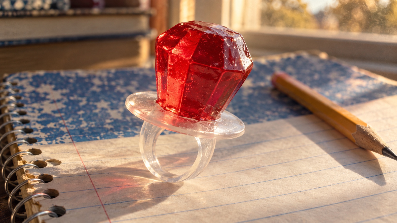 Generated illustration of a faceted red candy gem on a clear plastic ring resting on a school notebook.