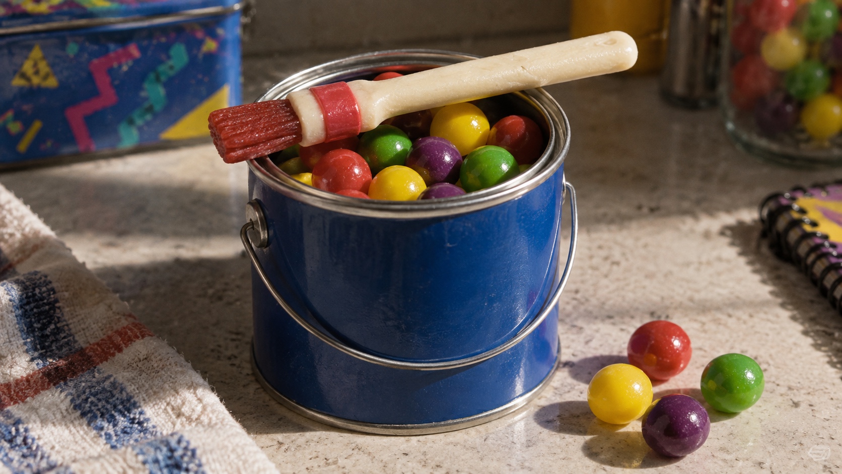 Generated illustration of colorful round gum pieces in a blue paint-can-shaped container with a candy brush across the rim.