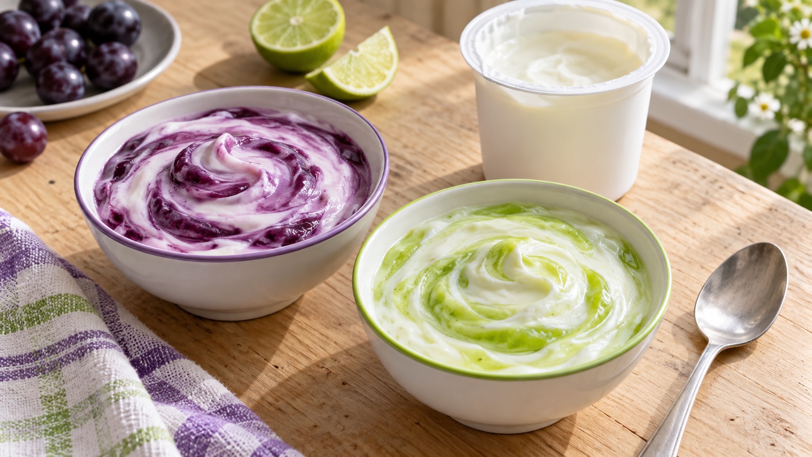 Generated illustration of purple and lime fruit yogurt swirled in two small white bowls.