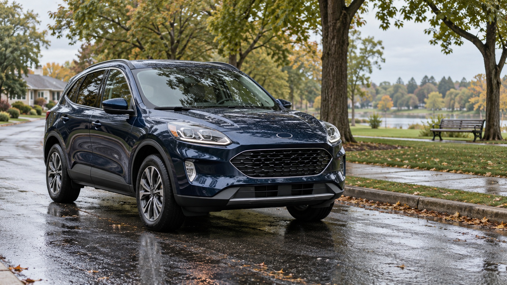 Editorial illustration of a dark blue compact hybrid SUV on a wet road beside a neighborhood park.