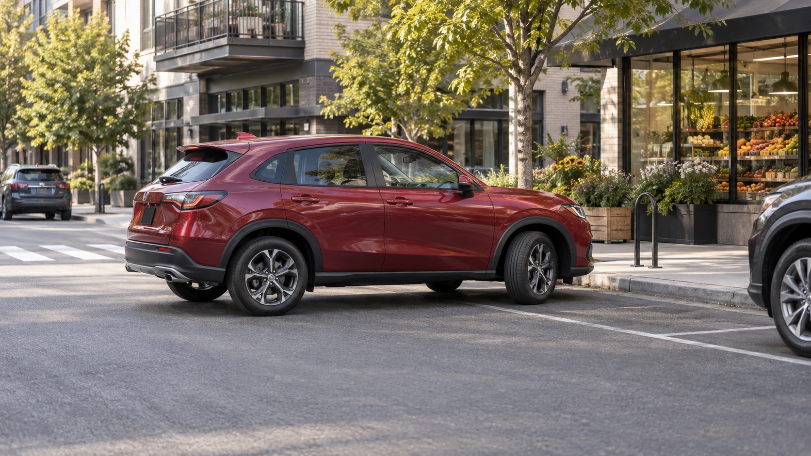 Editorial illustration of a red subcompact SUV parking beside a neighborhood grocery store.