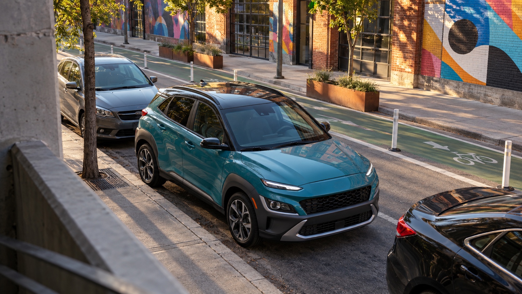 Editorial illustration of a teal subcompact crossover parked beside a protected city bike lane.