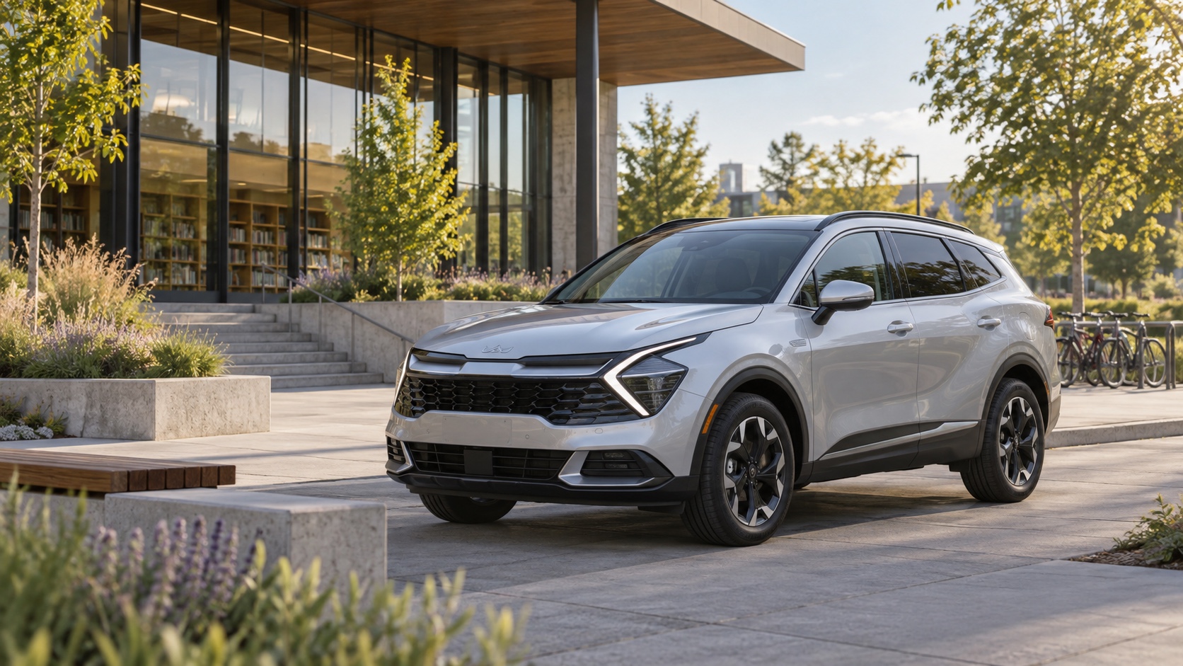 Editorial illustration of a silver compact hybrid SUV outside a modern public library.