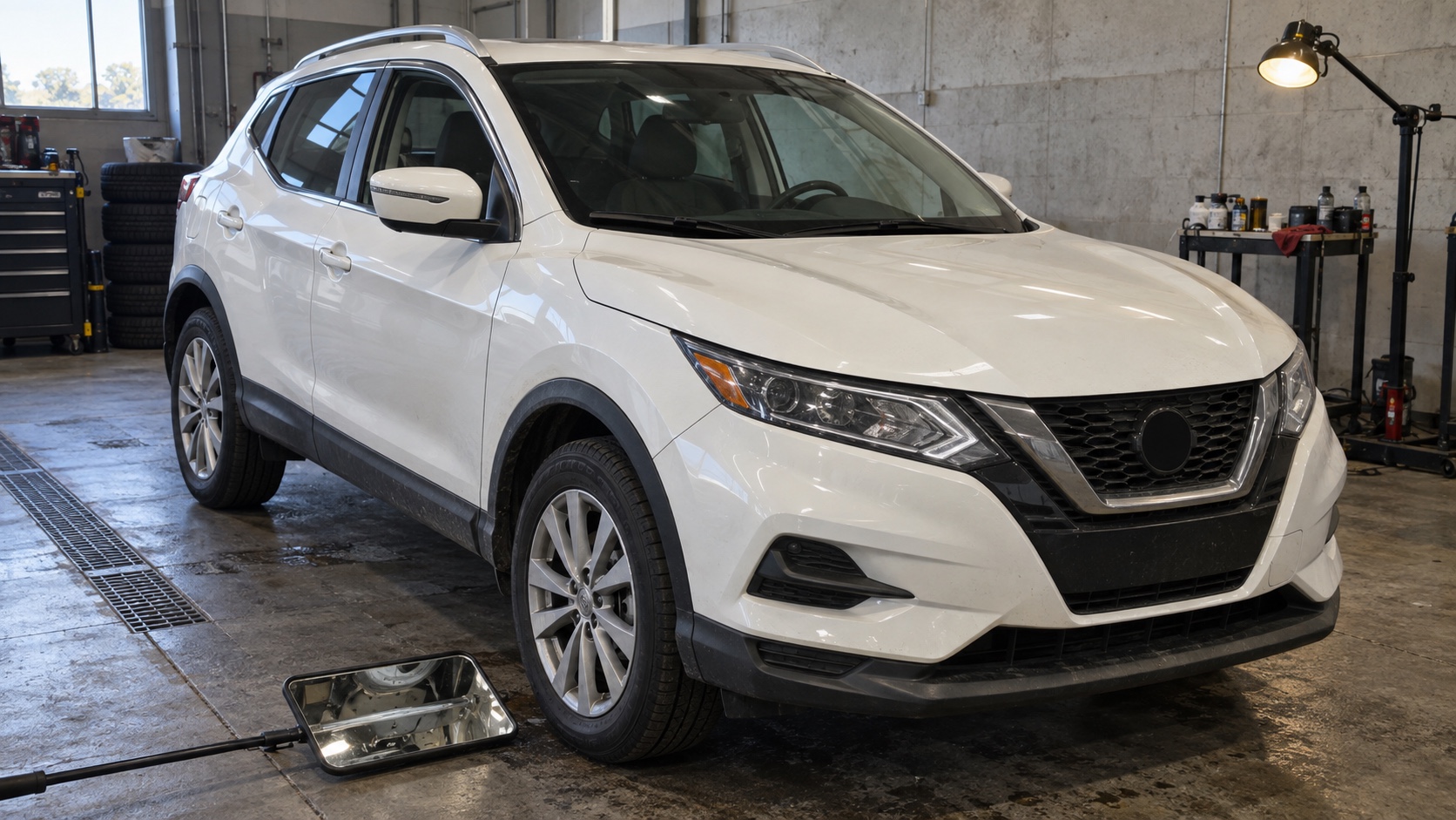 Editorial illustration of a white used compact crossover being inspected inside an independent service bay.