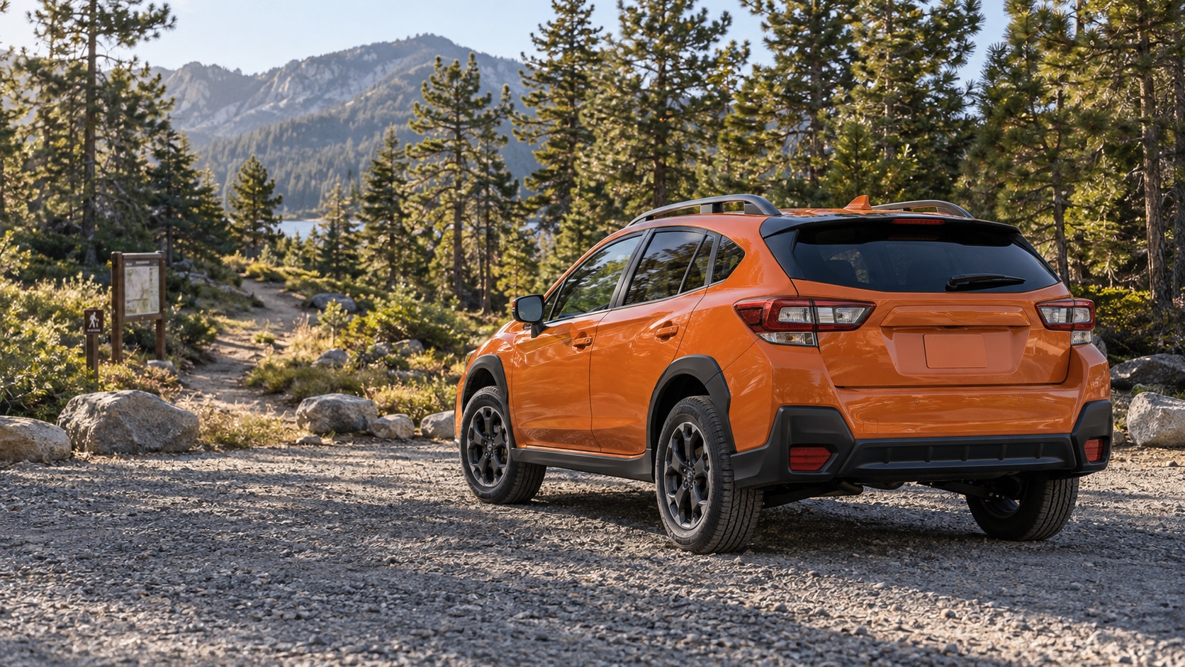 Editorial illustration of an orange compact crossover parked at a mountain trailhead.