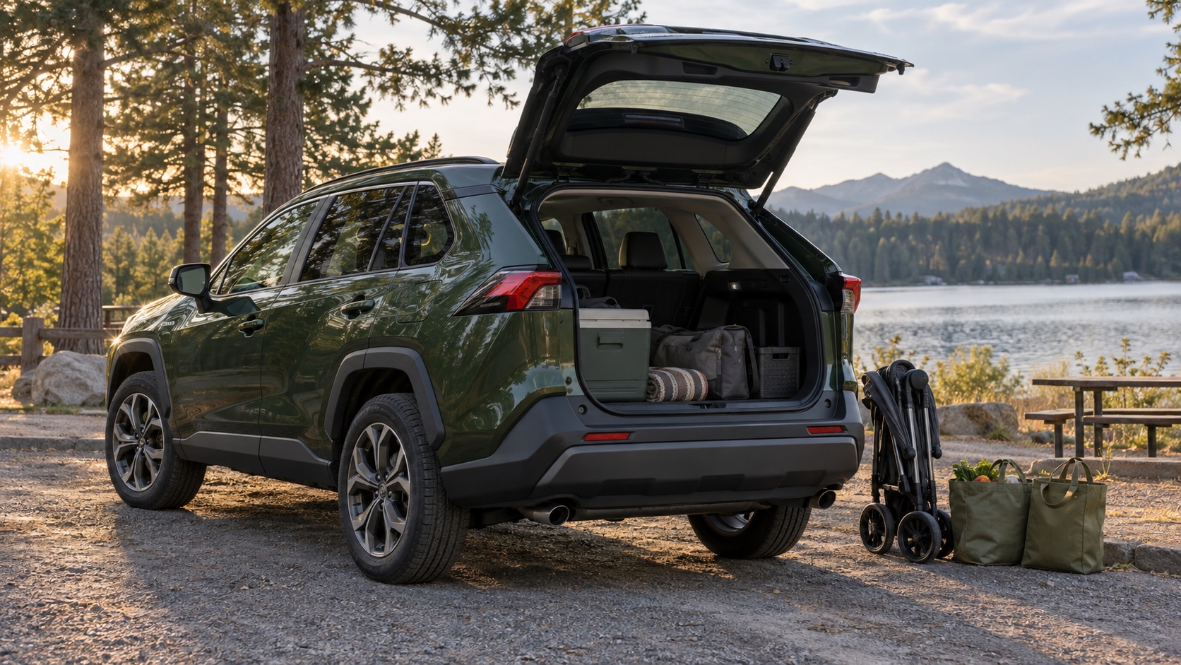 Editorial illustration of a green compact hybrid SUV with its cargo hatch open beside a lake.