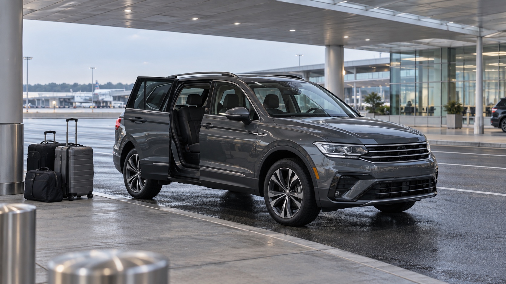 Editorial illustration of a gray compact SUV with an open passenger door and luggage at an airport curb.