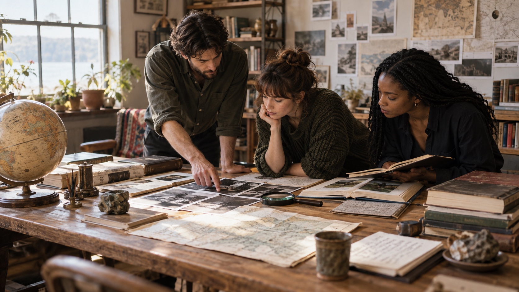 Three editors comparing photographs, books, maps, and notes around a wooden research table.