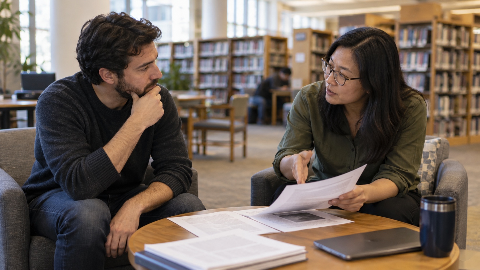 Two readers discussing printed article pages during a thoughtful conversation in a public library.