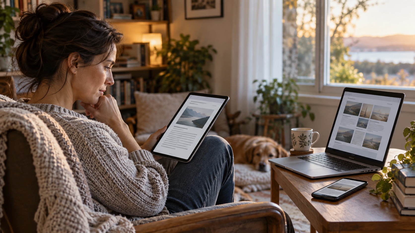 Reader exploring long-form stories on a tablet beside a laptop and phone in a quiet home reading nook.