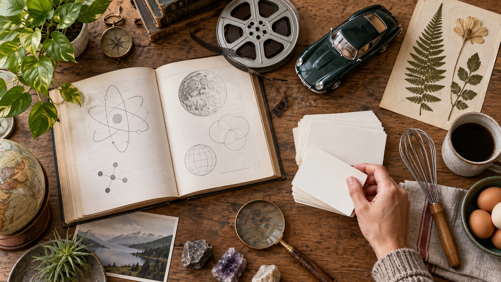 Books, film, science, travel, food, nature, and cars represented in a researched editorial flat lay.