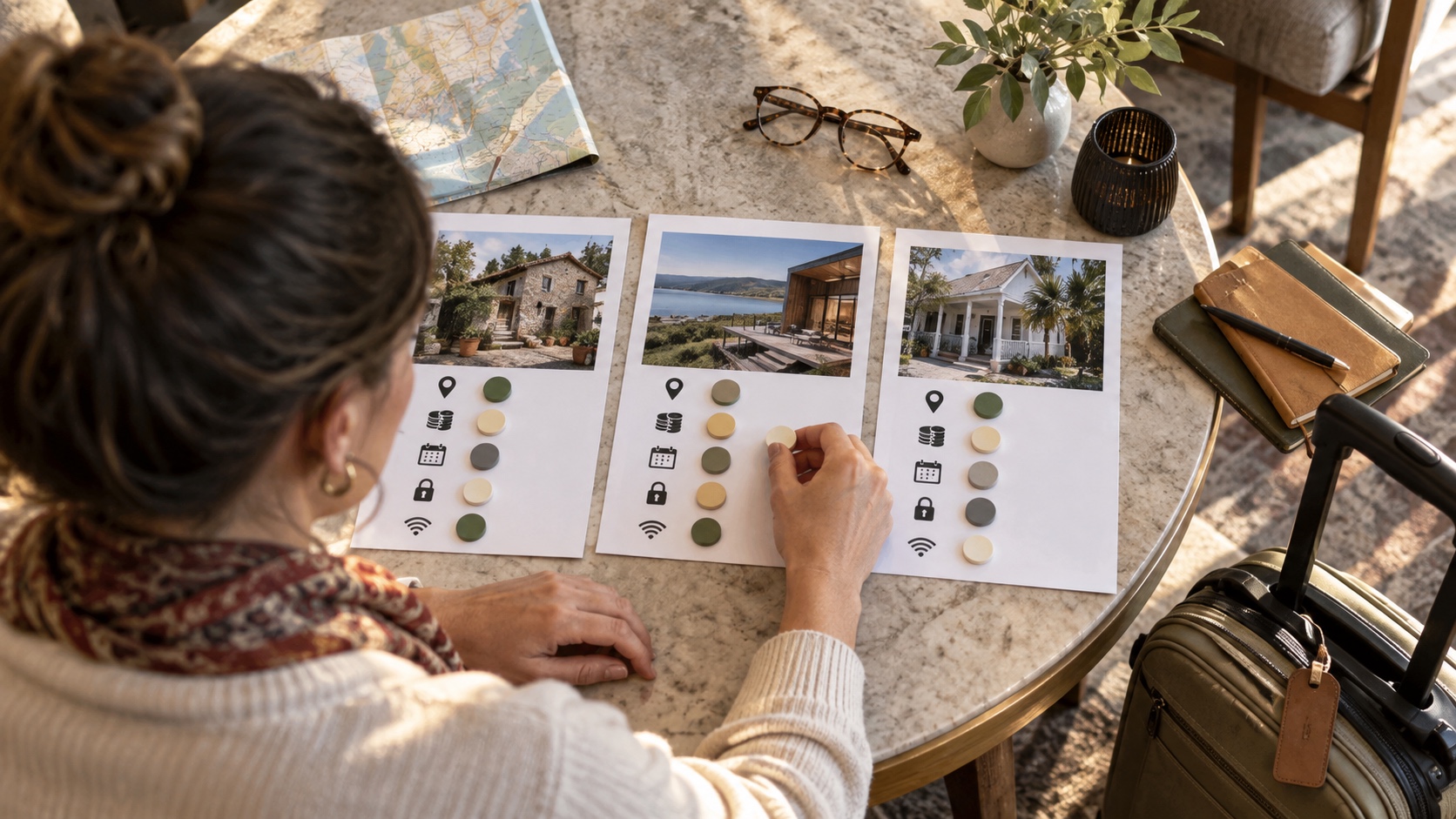 Traveler compares three vacation rentals by total price, location, cancellation terms, and essential amenities.