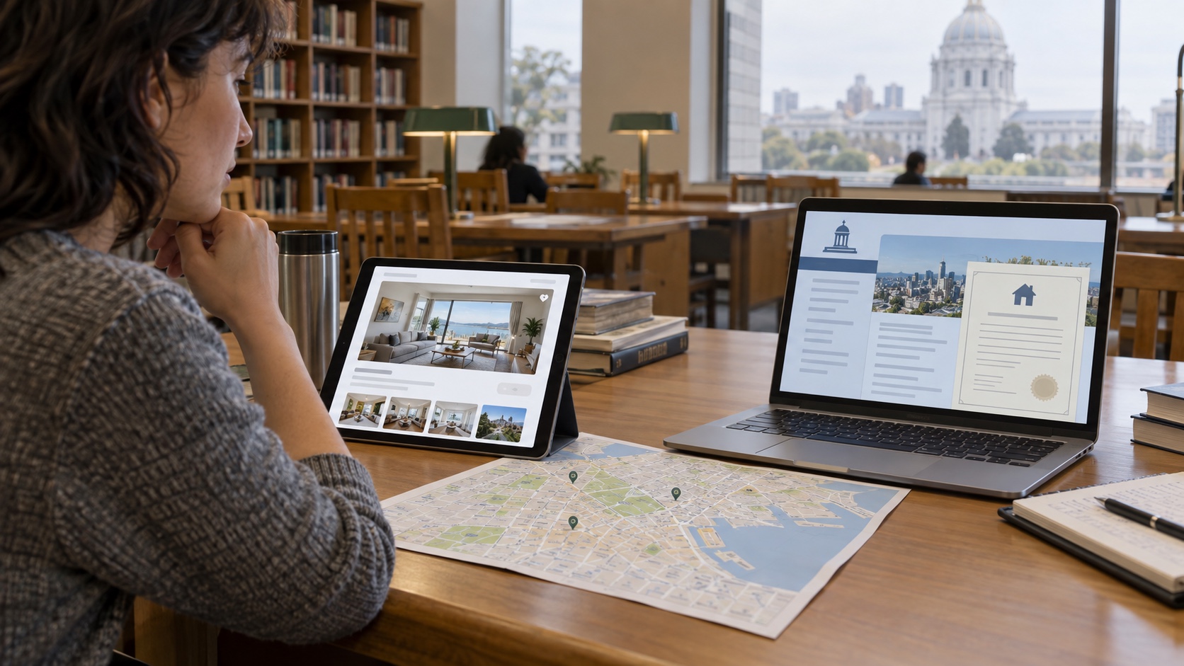 Traveler checks a city short-term-rental portal beside an unbranded listing with a registration field.