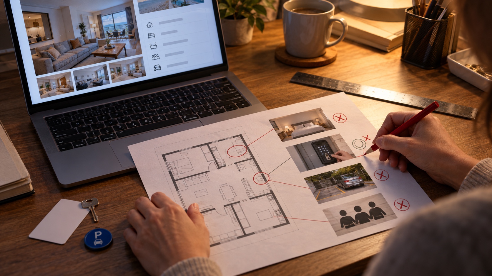 Editor marks conflicting room counts, check-in times, and amenity details across an unbranded rental listing.