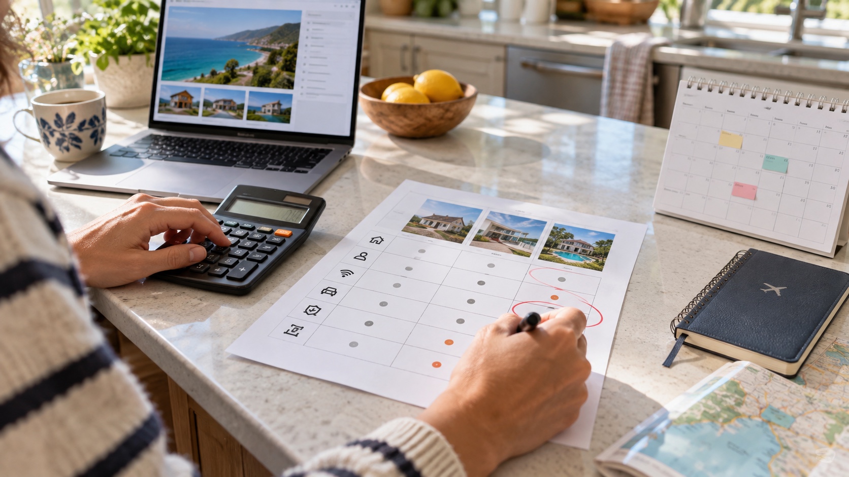 Traveler compares total prices and fee breakdowns for three similar unbranded vacation-rental options.
