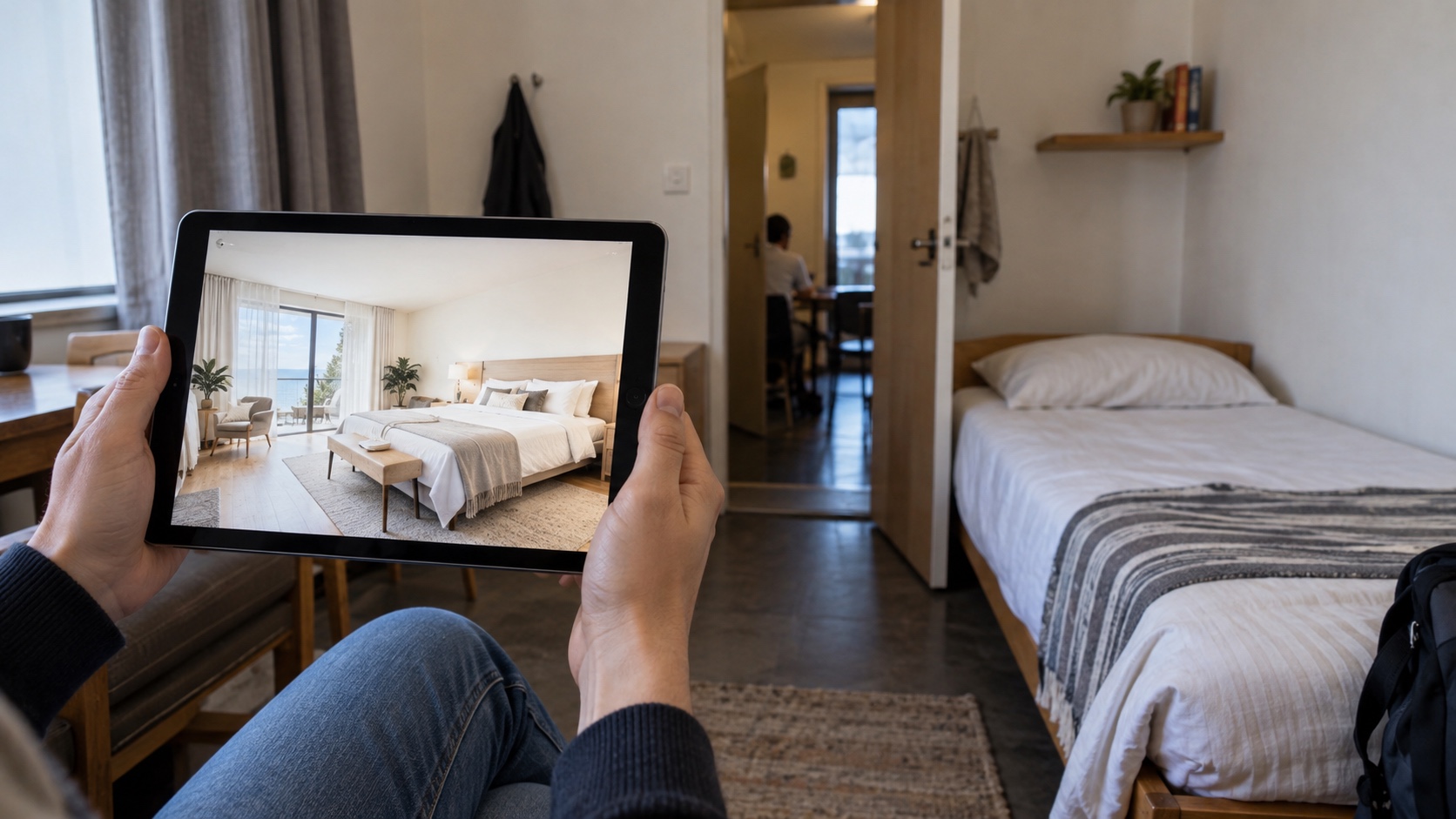 Traveler compares a bright rental photo with written details that reveal a smaller shared room and missing amenities.