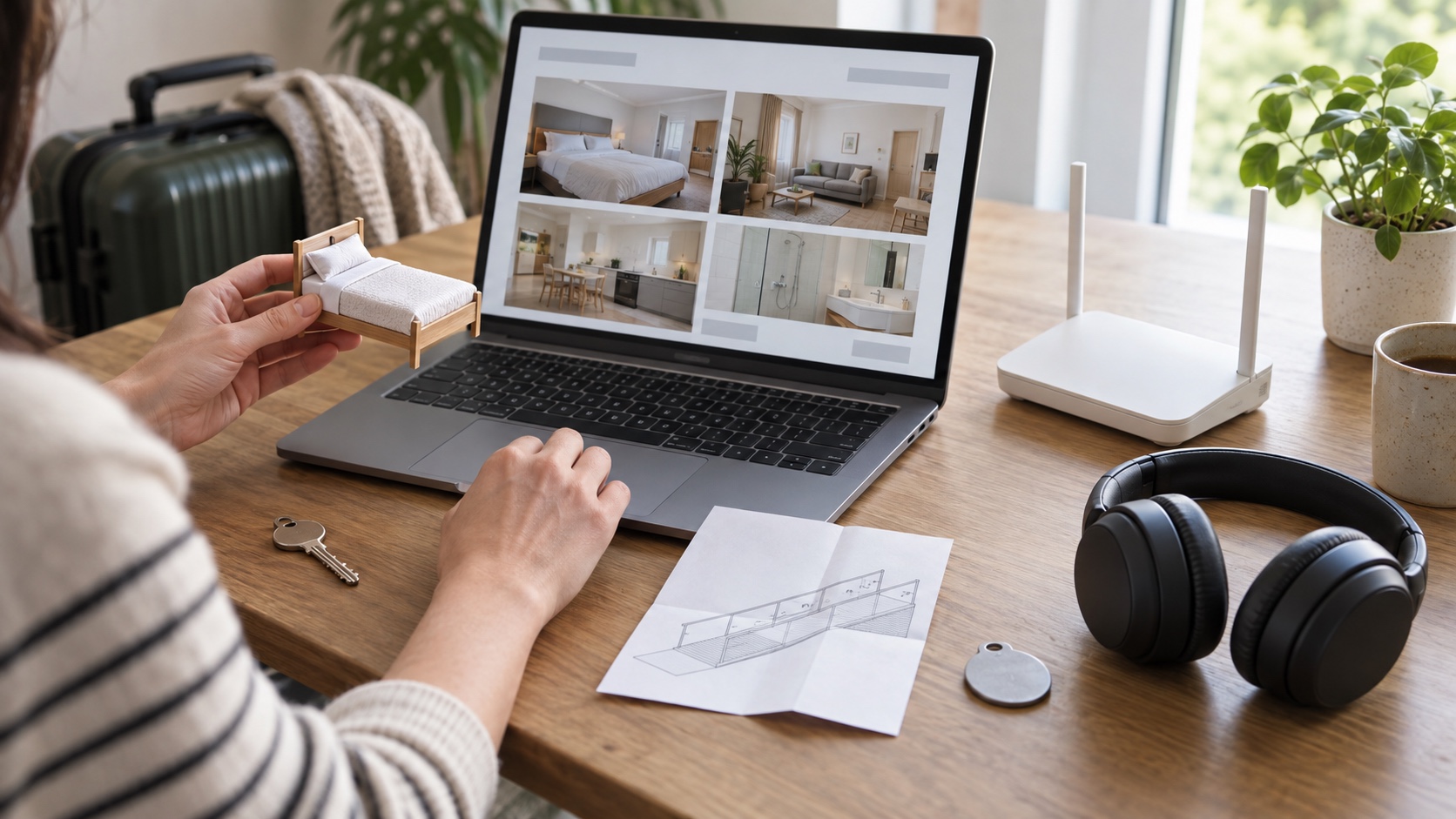 Guest compares a rental description with a checklist for beds, privacy, access, noise, and amenities.