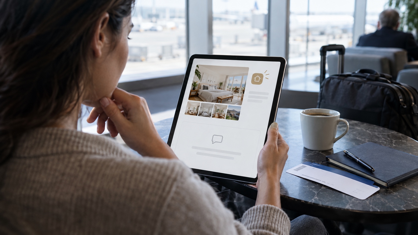 Traveler studies an unbranded rental profile with an empty review history and a new-listing note.