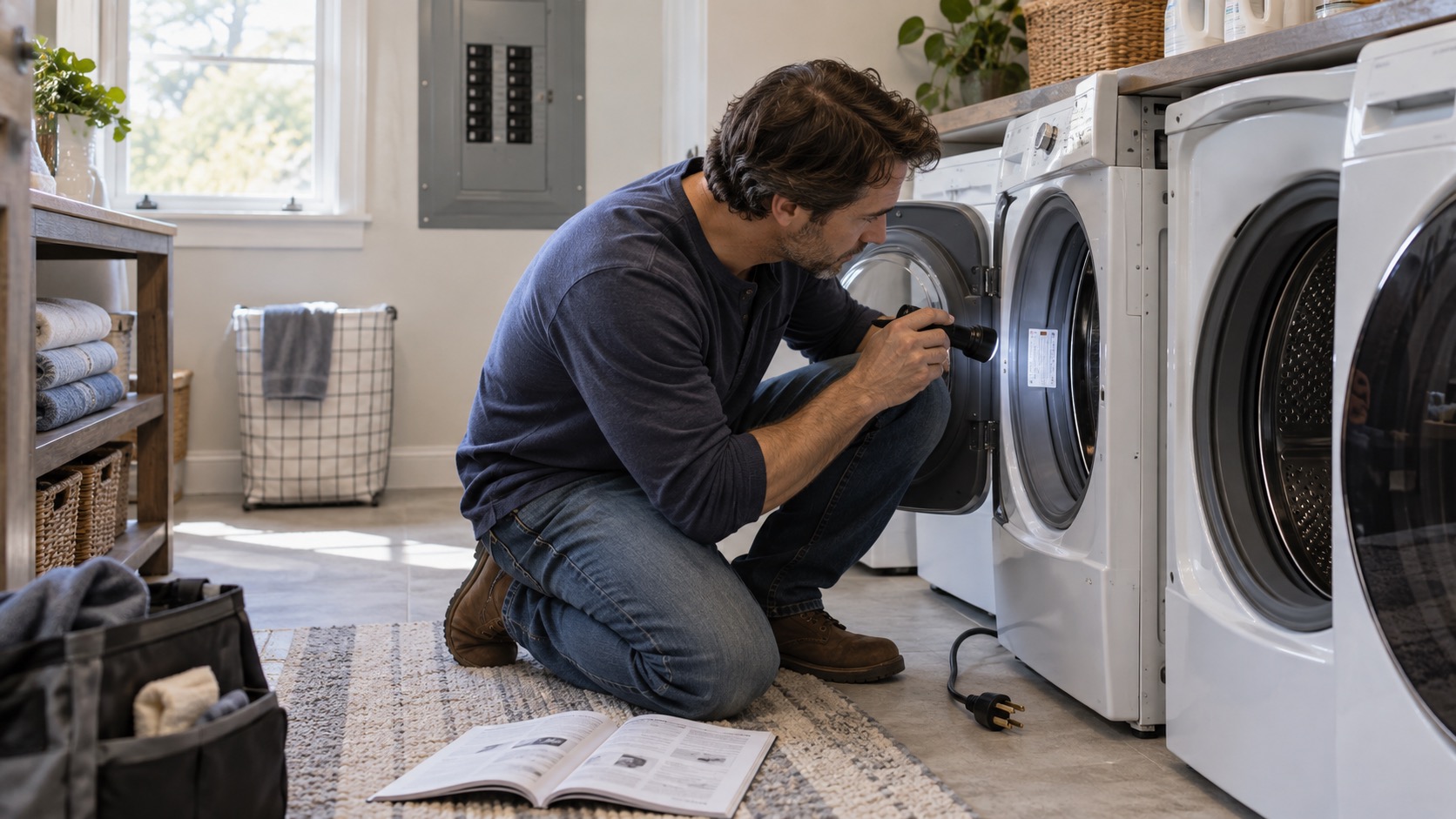 Homeowner checks the model plate of an unplugged washing machine with the owner manual open nearby.