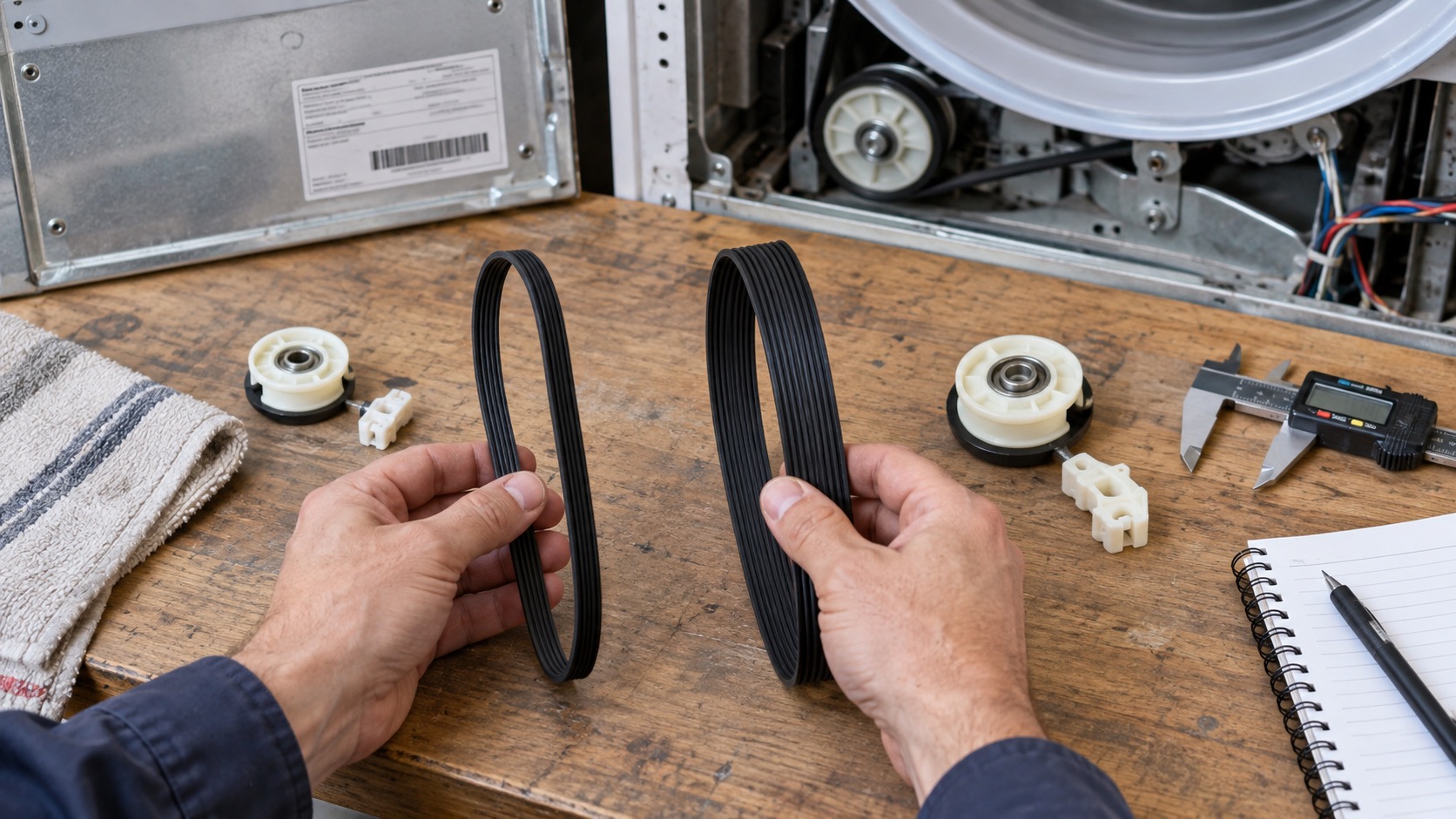 Two similar dryer belts with different dimensions are compared beside calipers on a repair bench.