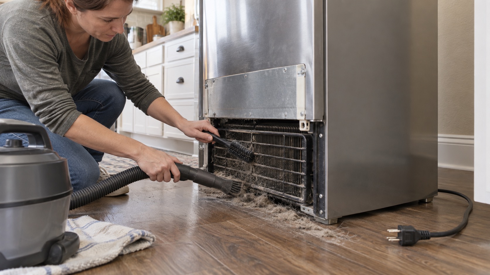 Accessible refrigerator condenser area is vacuumed and brushed while the power plug remains disconnected.