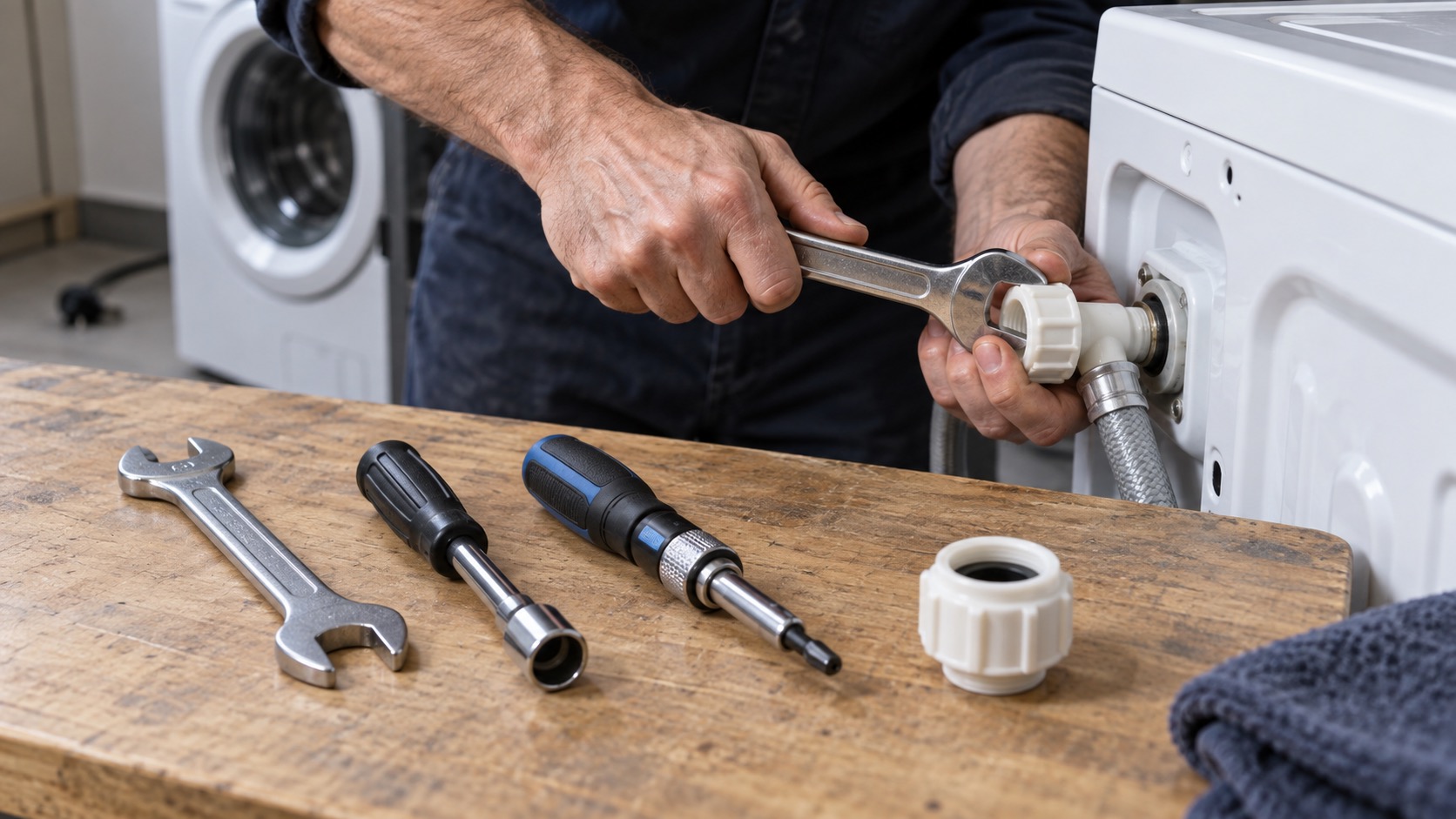 Correctly sized wrench and nut drivers sit beside a plastic appliance water-line fitting on a workbench.