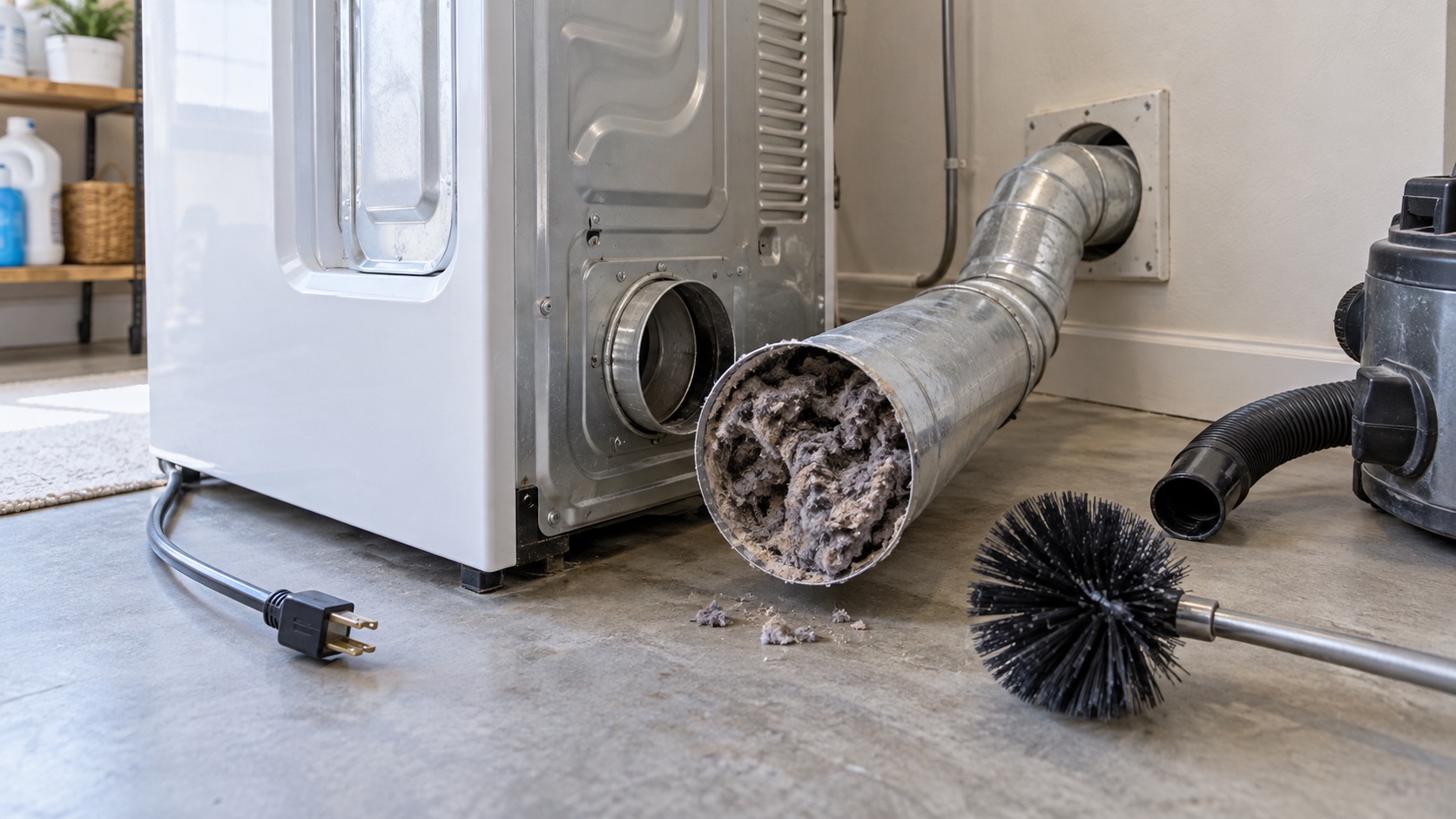 Unplugged clothes dryer with a rigid metal exhaust duct opened to reveal a heavy lint restriction.