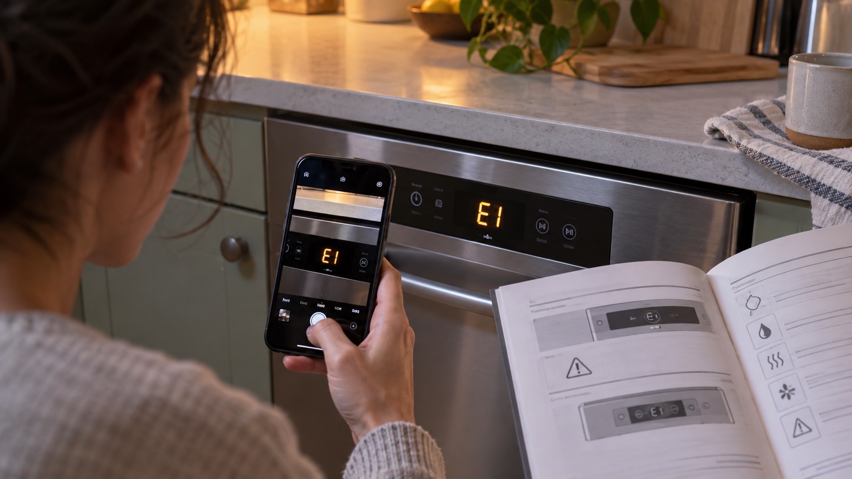 Homeowner photographs a dishwasher error display while consulting the model-specific owner manual.