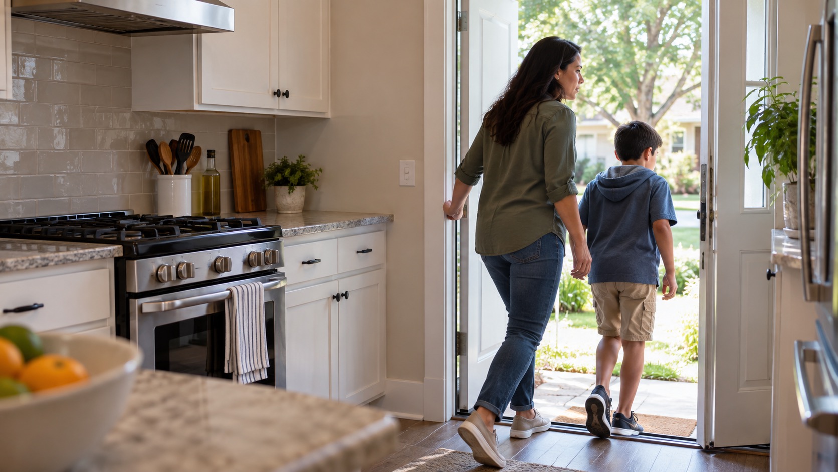 Adult and child leave a kitchen with a gas range untouched after noticing a possible gas odor.