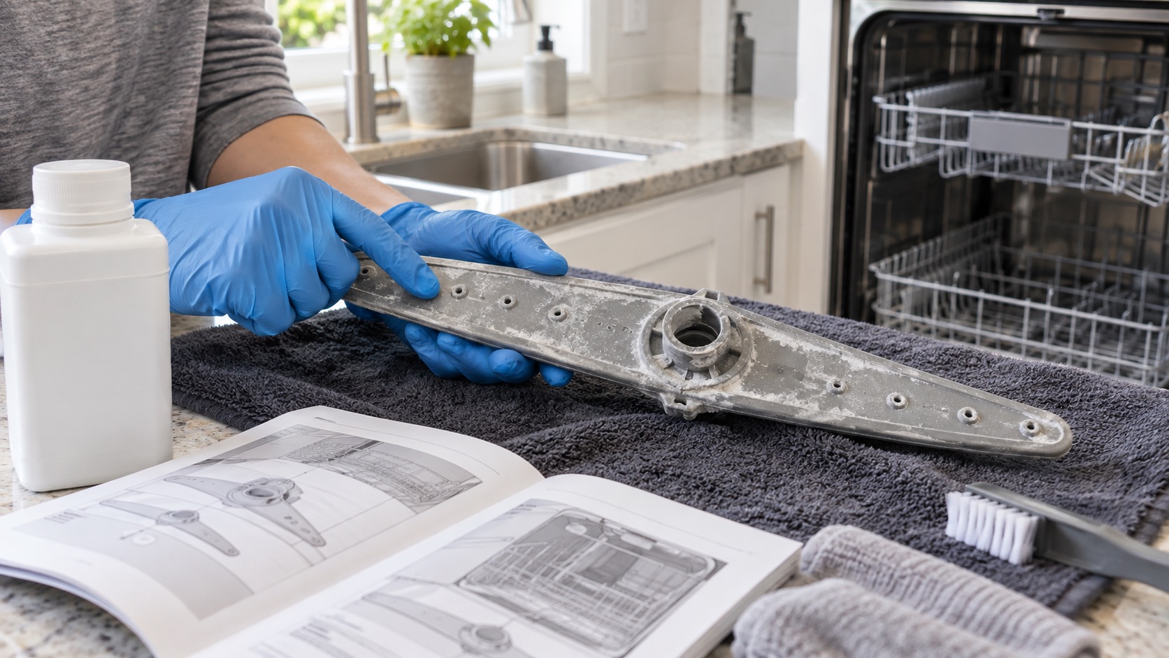 Gloved hands inspect white mineral deposits around the openings of a dishwasher spray arm.