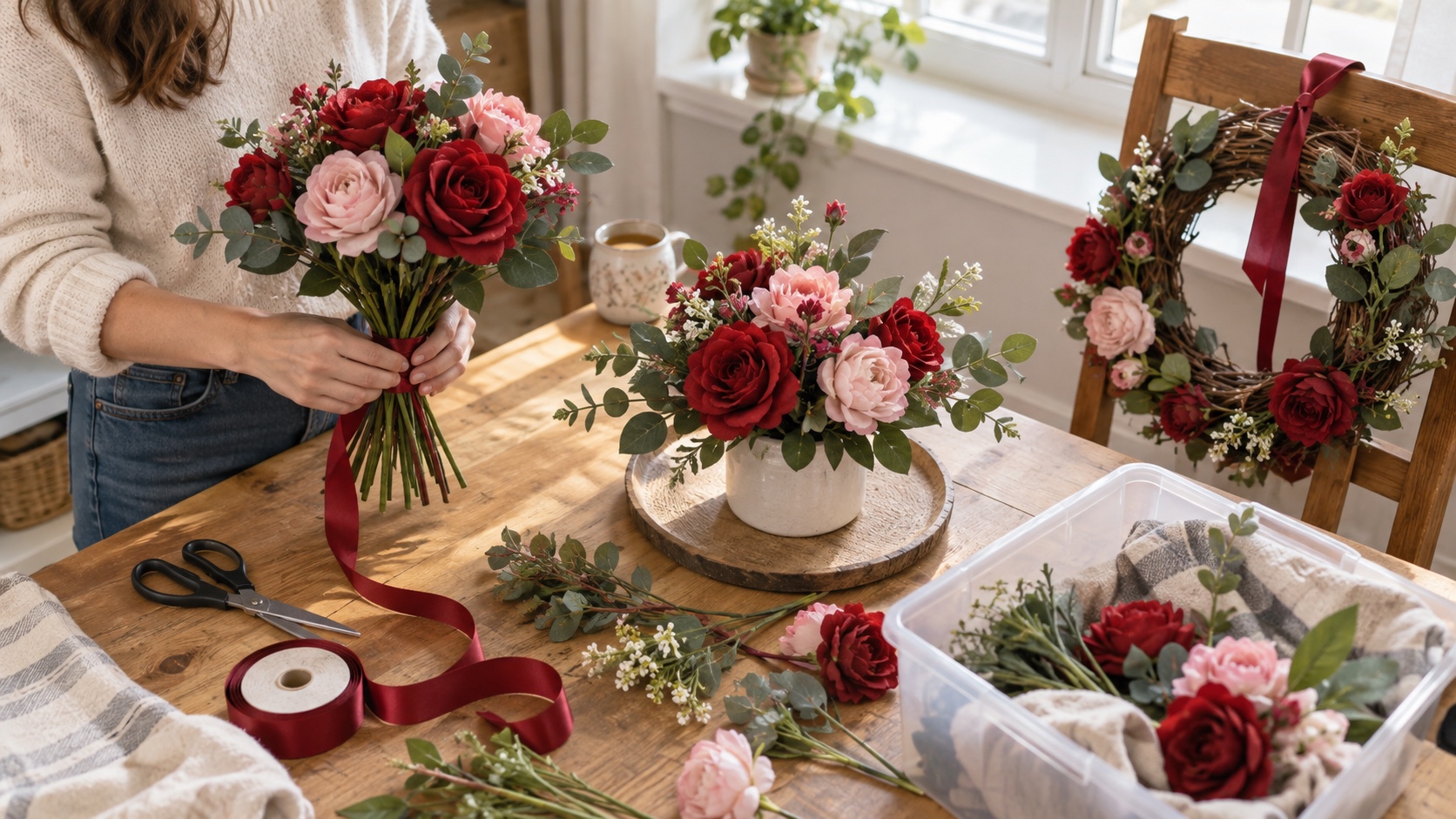 A person arranges artificial red and pink flowers as a bouquet, centerpiece, and wreath accent.