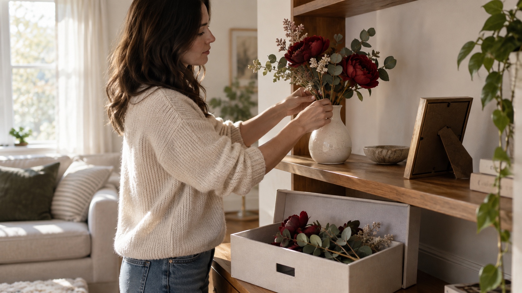 A person moves artificial burgundy flowers into everyday home decor while storing spare stems in a box.