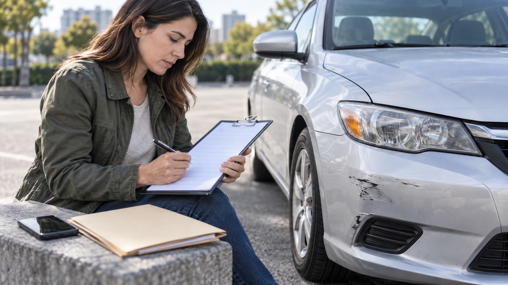 Driver reviewing unbranded claim documents beside a parked car with minor bumper damage.