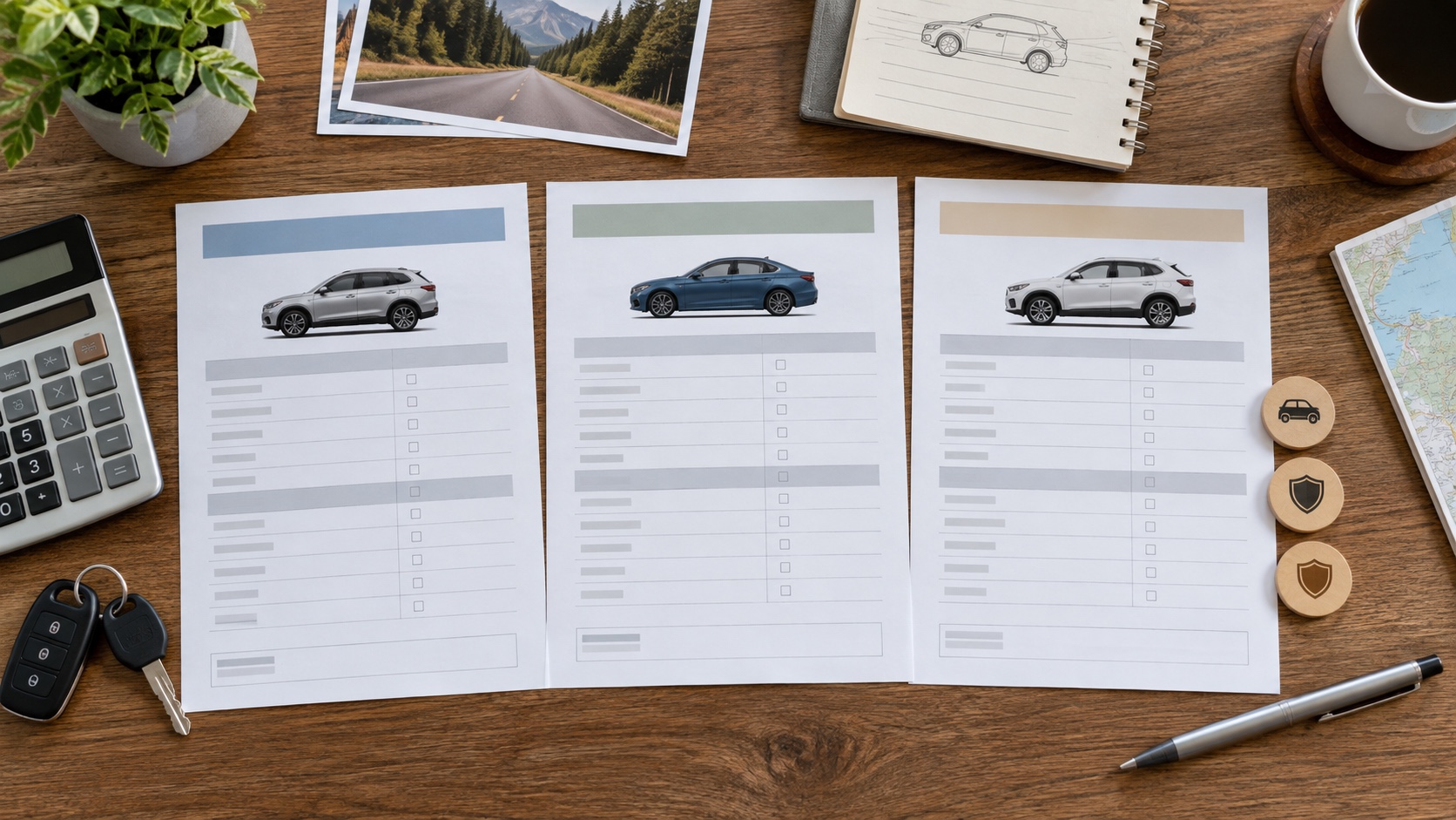 Three unbranded auto insurance quote sheets arranged with a calculator, car key, and coverage notes.