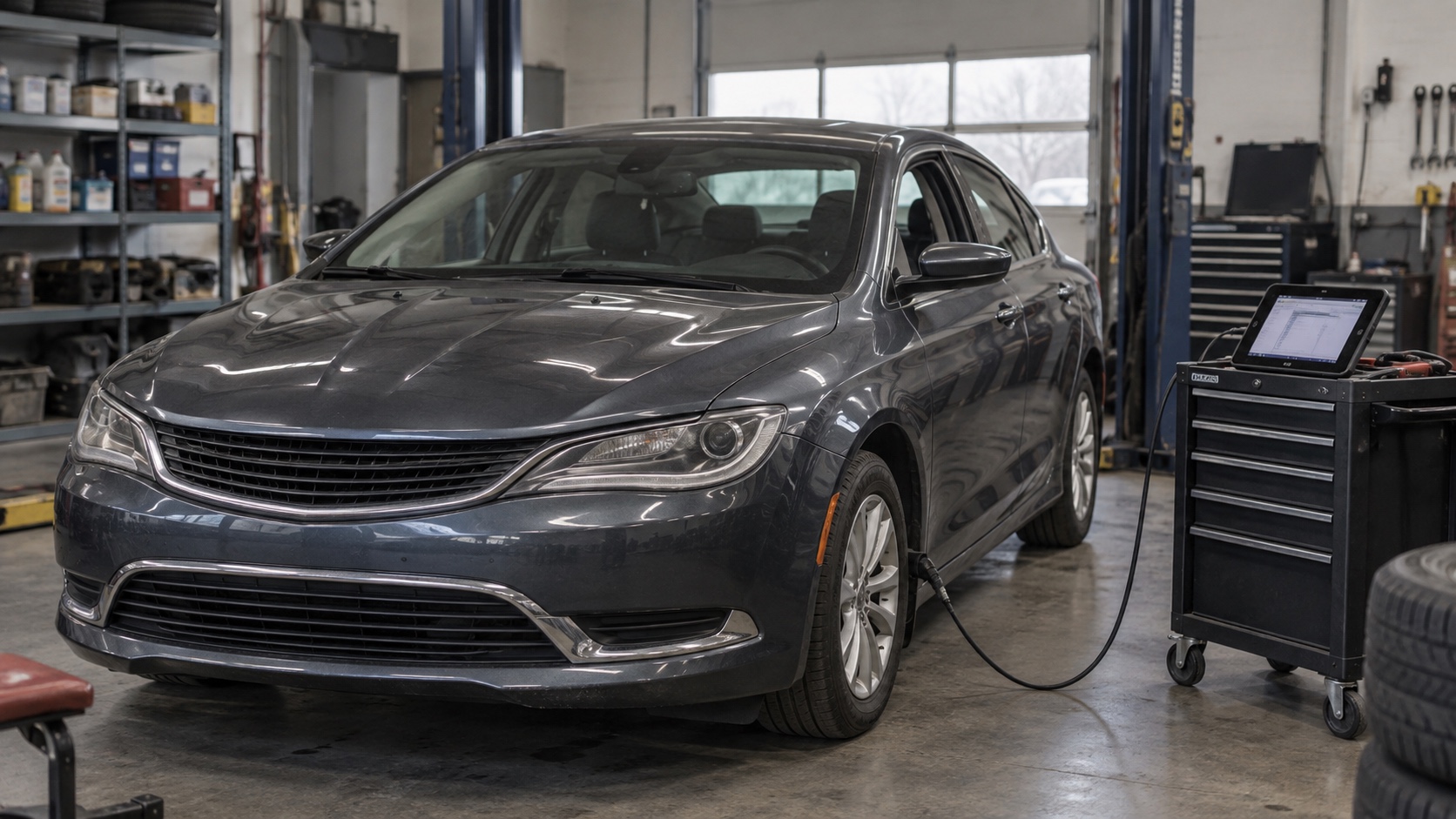 A dark gray midsize sedan connected to diagnostic equipment inside an independent workshop.