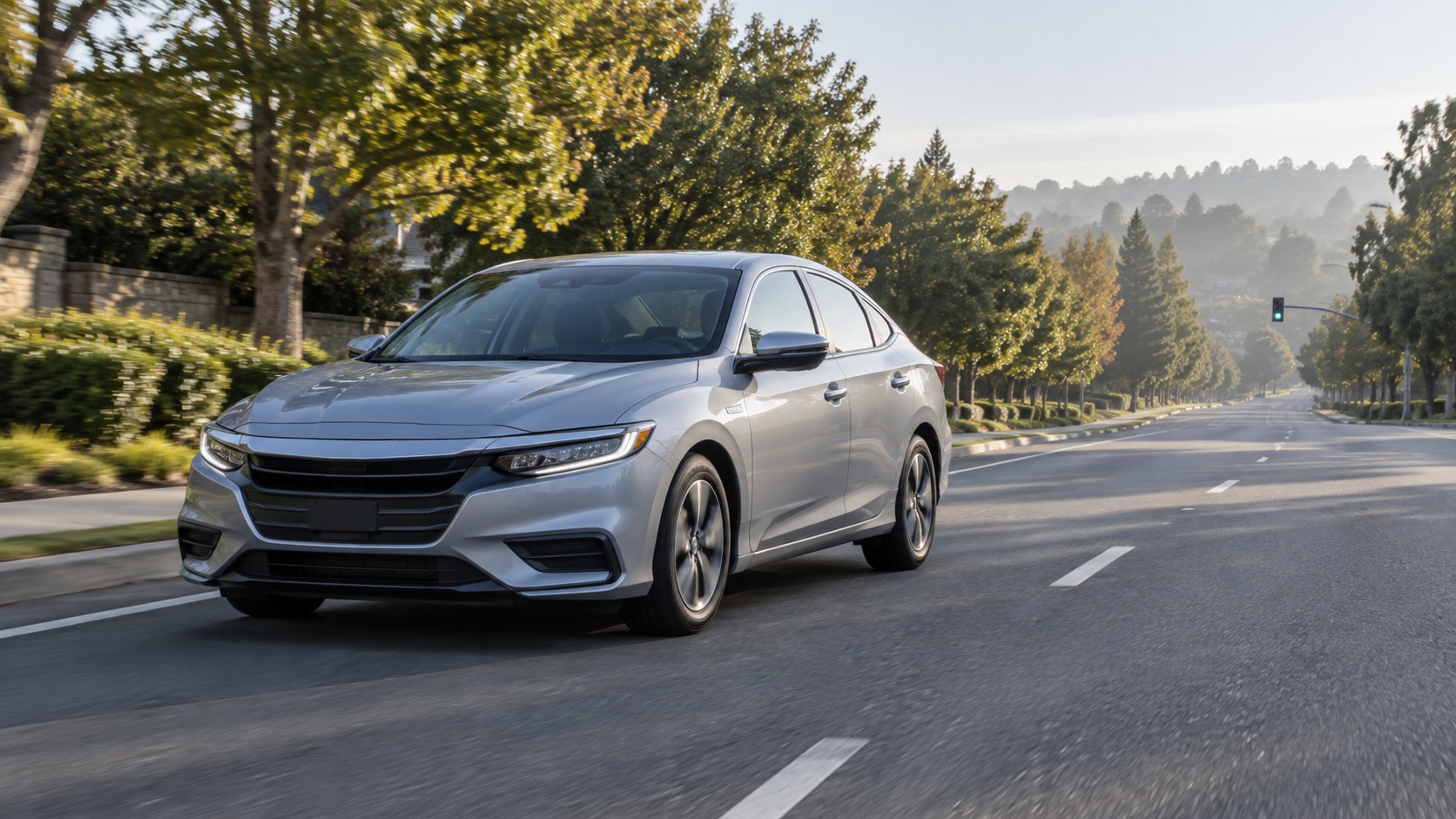 A silver hybrid-style sedan traveling along a quiet tree-lined suburban commuter road.