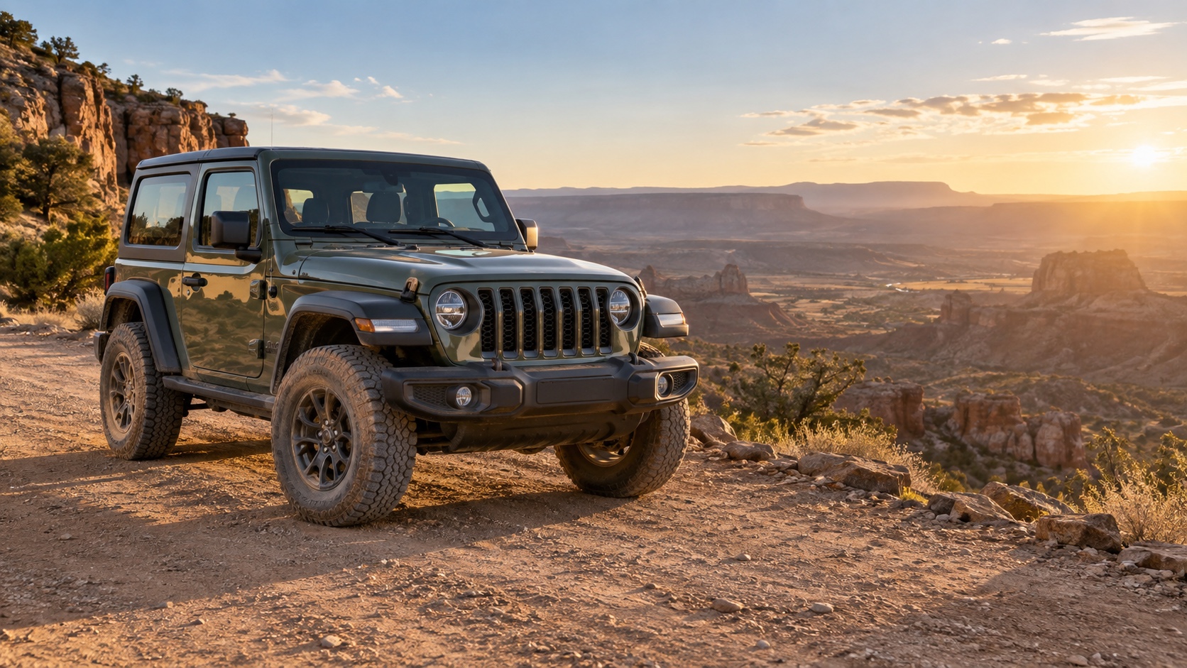 A dark green two-door off-road SUV parked safely on a maintained desert overlook trail.