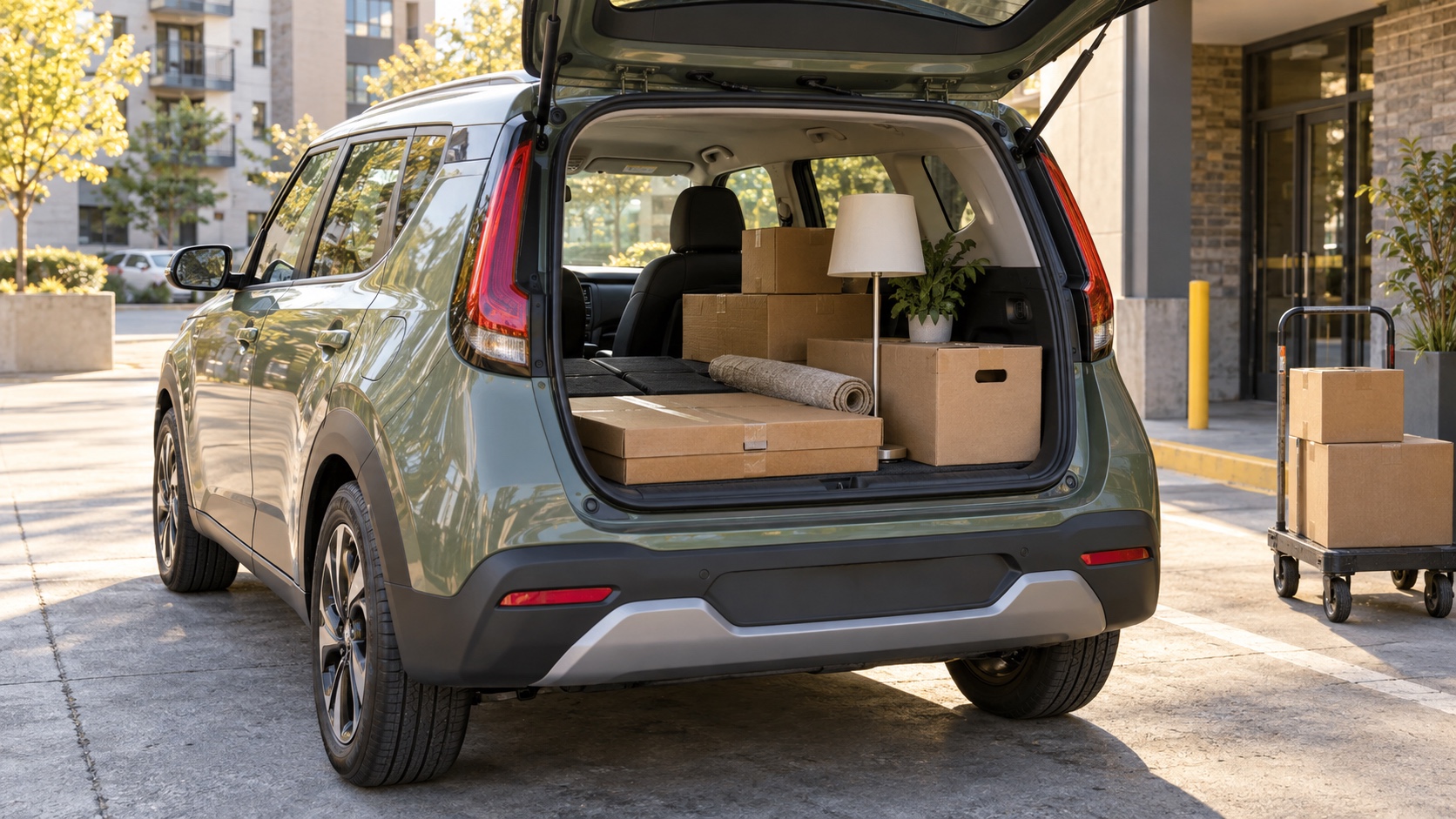 A boxy green compact hatchback loaded with moving boxes and a small lamp through its open rear hatch.
