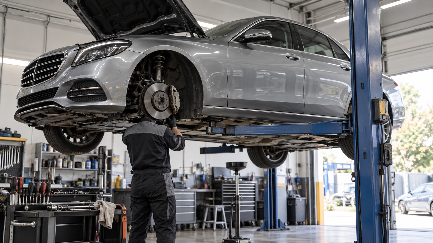 A silver midsize luxury sedan raised on a workshop lift for a detailed mechanical inspection.