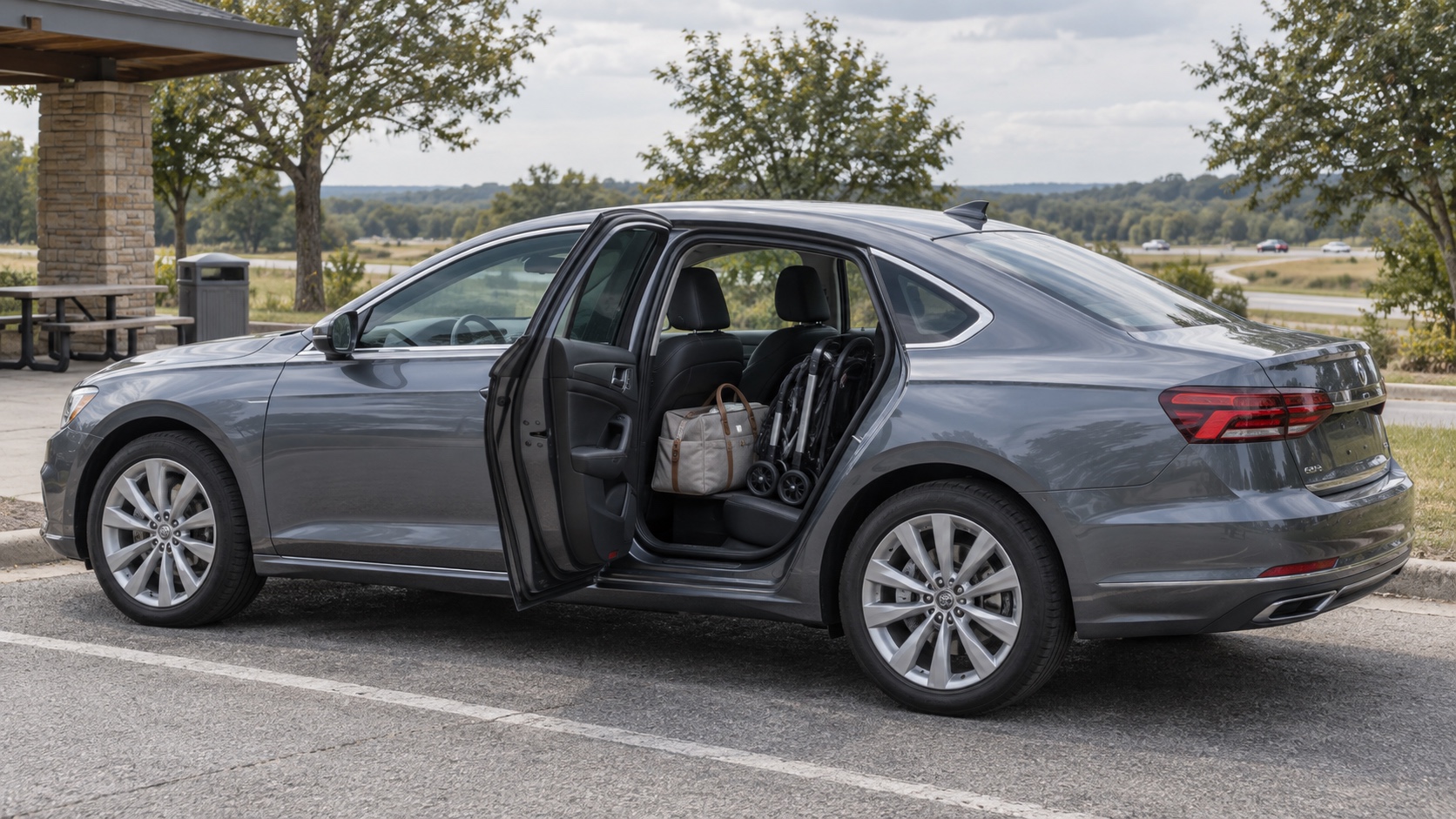 A gray midsize sedan with an open rear door and travel gear at a highway rest area.