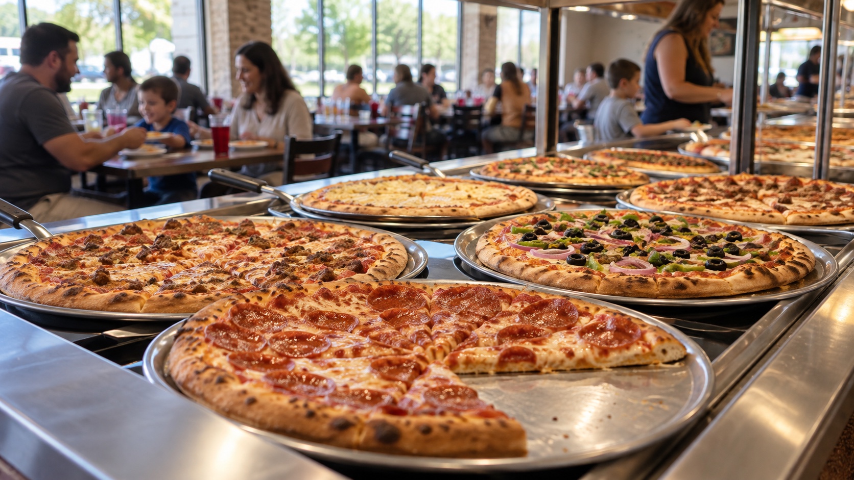 Unbranded pizza buffet with several fresh pizzas on metal trays and families dining in soft focus behind it.