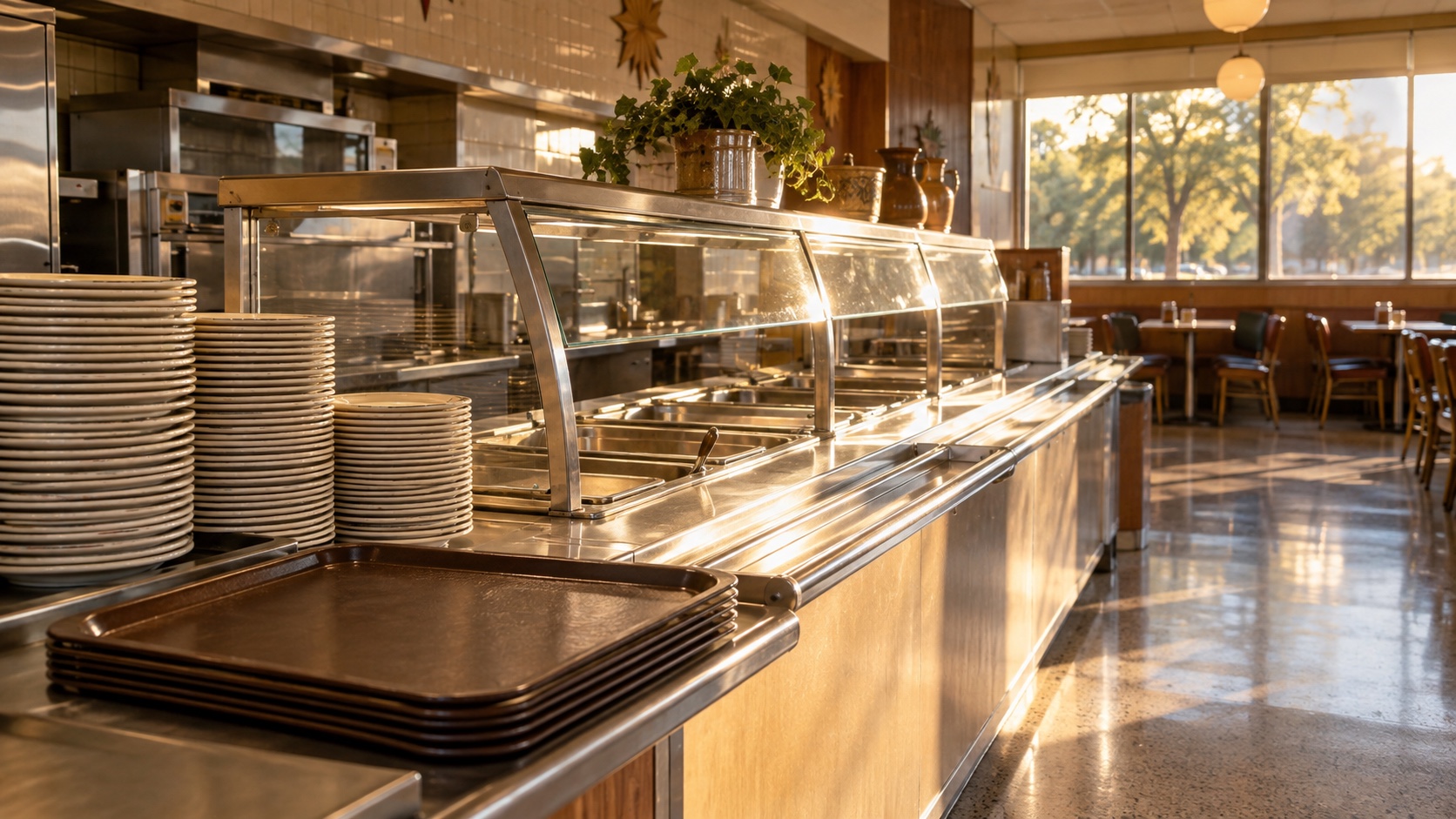 Quiet unbranded vintage cafeteria counter with empty serving trays and stacks of ceramic plates in sunlight.