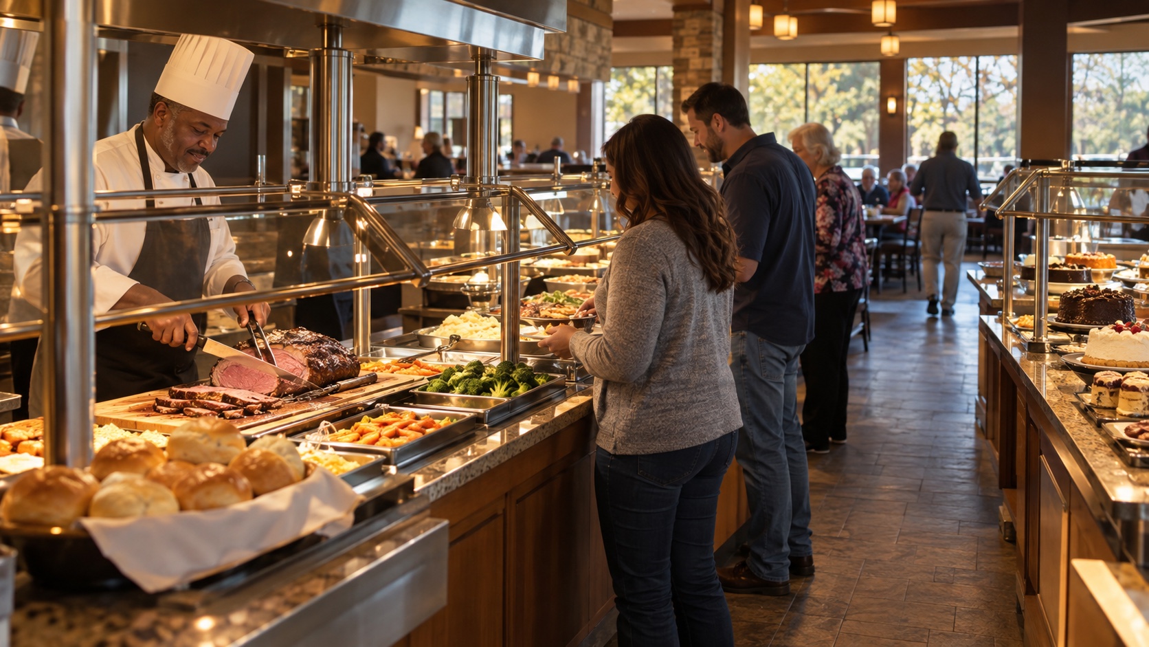 Generic family buffet serving line with carved roast, vegetables, rolls, desserts, and diners in the background.