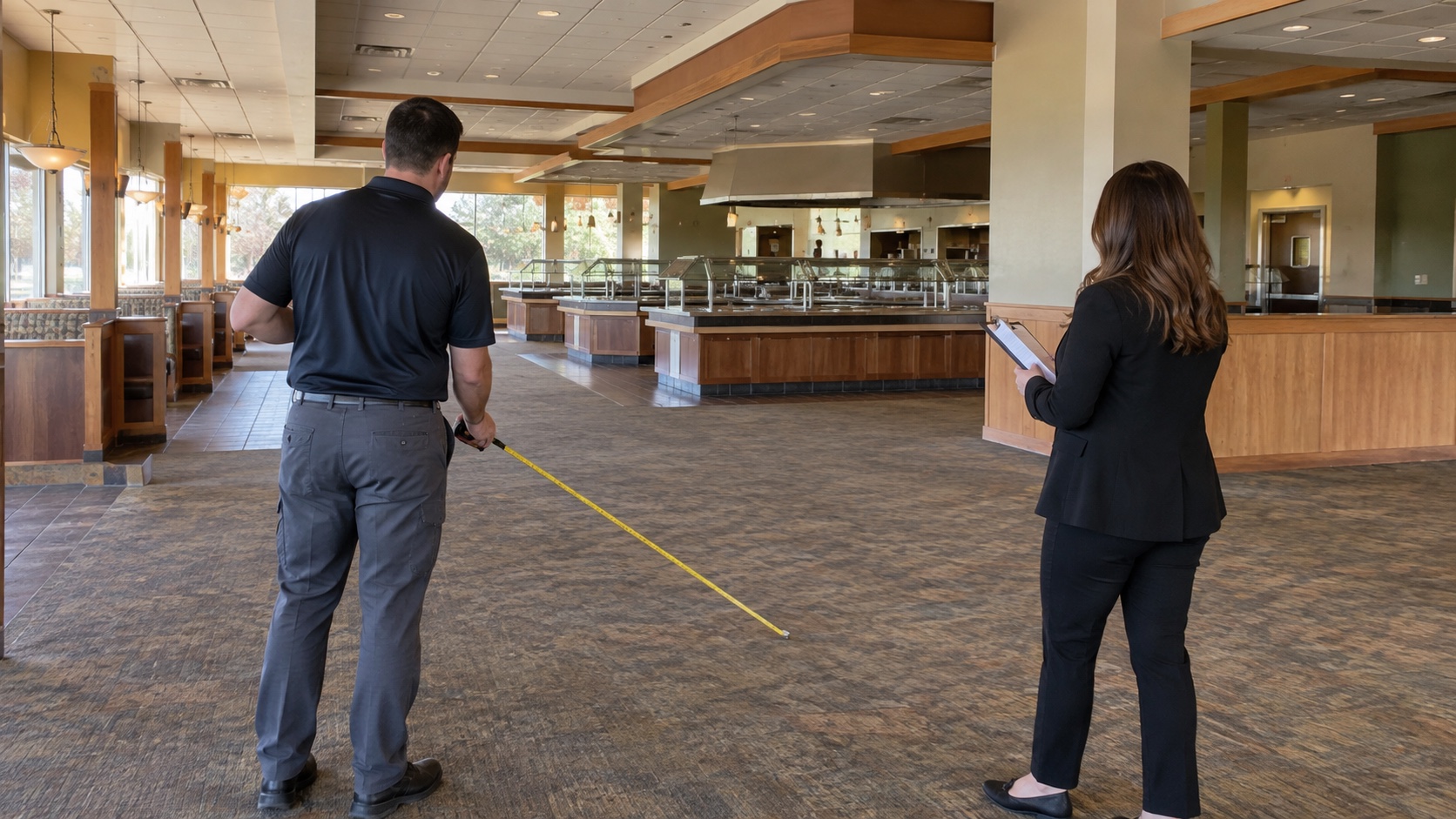 Commercial leasing professionals measuring an unbranded vacant buffet restaurant interior with serving islands.