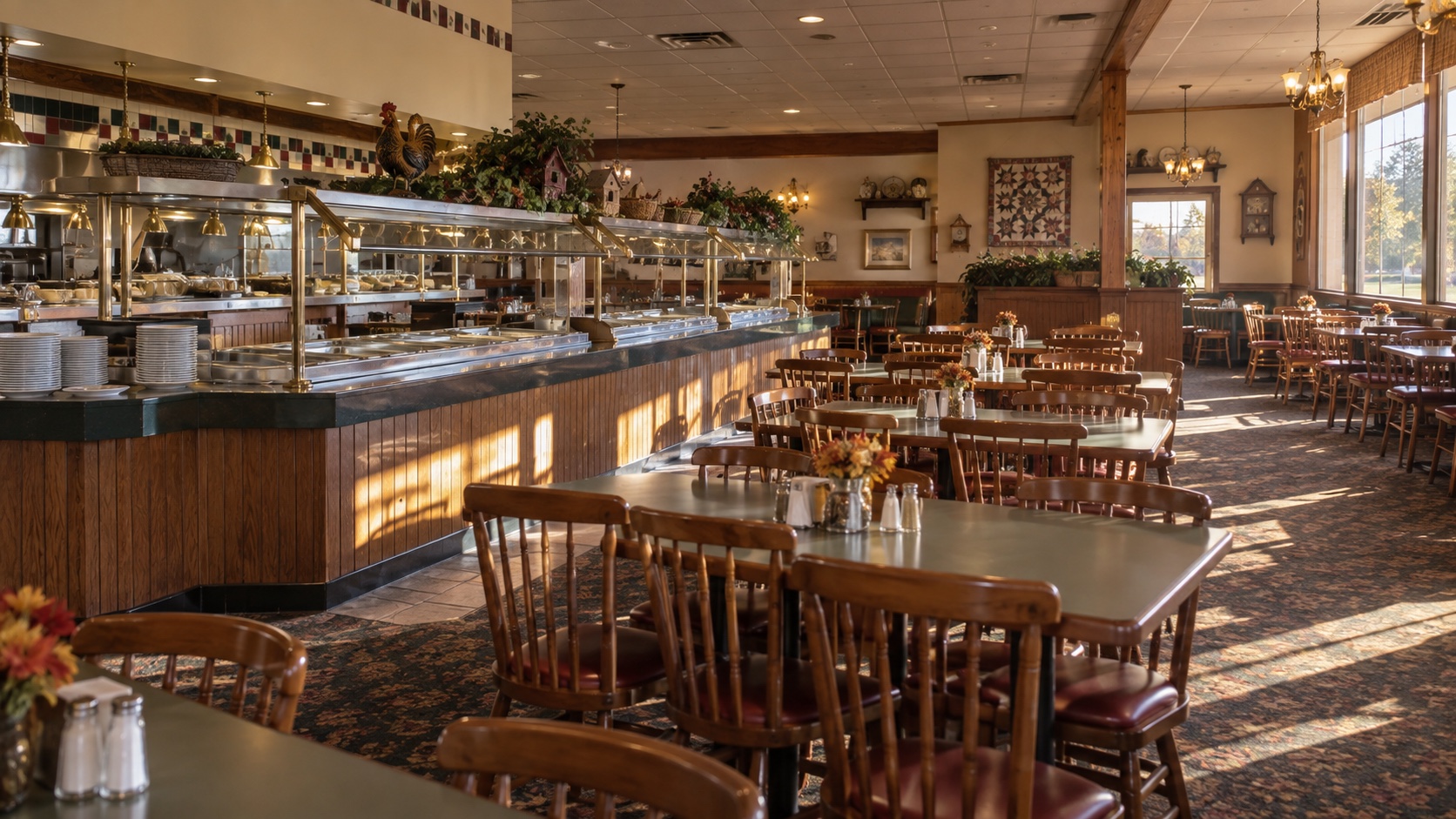 Unbranded country-style buffet dining room standing clean and empty in late afternoon sunlight.